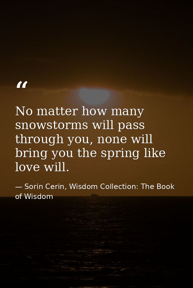 No matter how many snowstorms will pass through you, none will bring you the spring like love will. — Sorin Cerin, Wisdom Collection: The Book of Wisdom