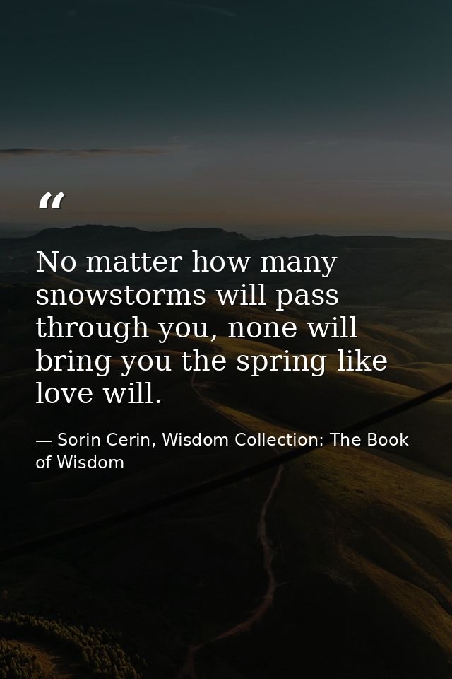 No matter how many snowstorms will pass through you, none will bring you the spring like love will. — Sorin Cerin, Wisdom Collection: The Book of Wisdom