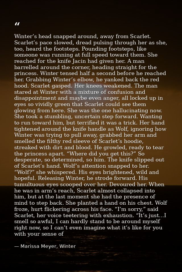 Winter’s head snapped around, away from Scarlet. Scarlet’s pace slowed, dread pulsing through her as she, too, heard the — Marissa Meyer, Winter