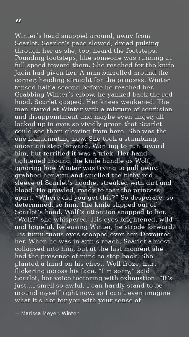 Winter’s head snapped around, away from Scarlet. Scarlet’s pace slowed, dread pulsing through her as she, too, heard the — Marissa Meyer, Winter