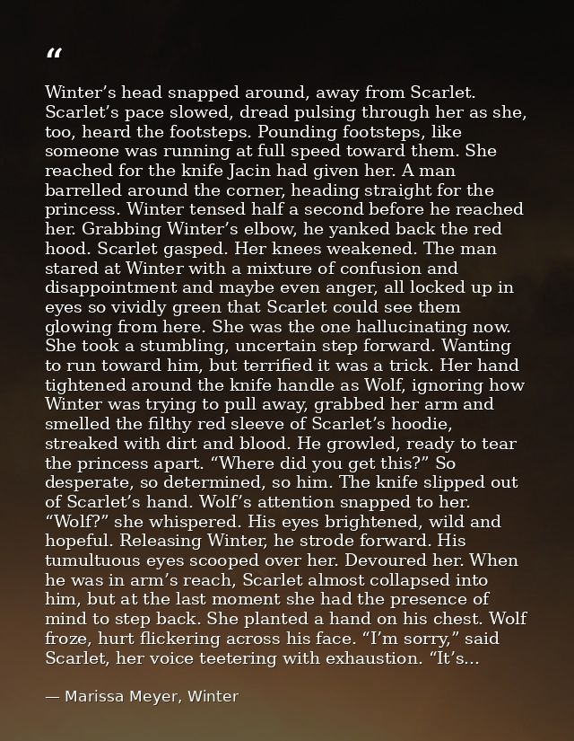 Winter’s head snapped around, away from Scarlet. Scarlet’s pace slowed, dread pulsing through her as she, too, heard the — Marissa Meyer, Winter