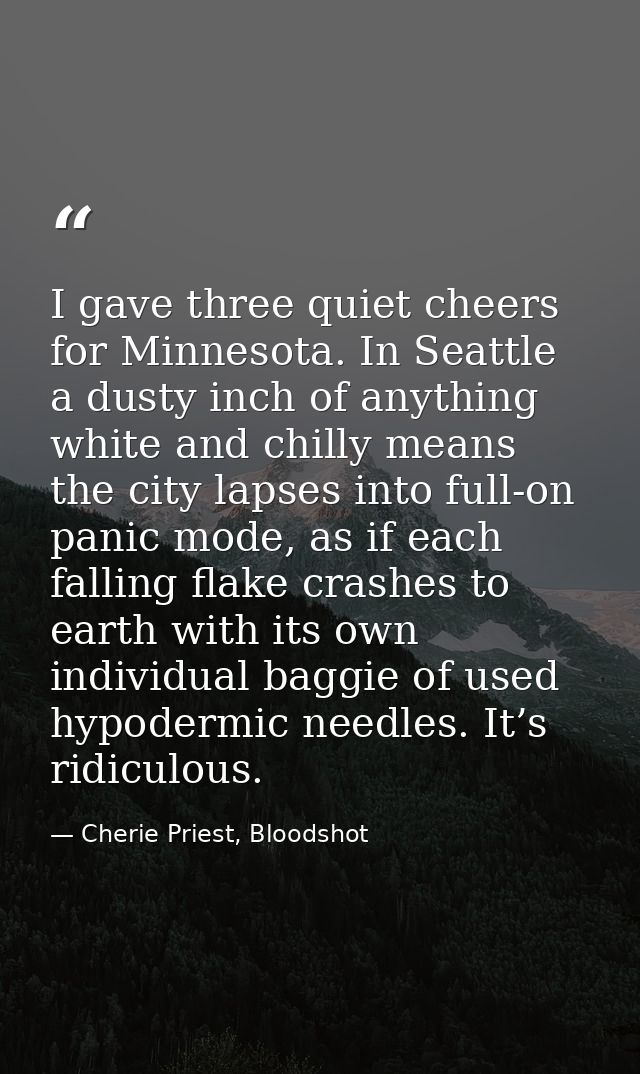 I gave three quiet cheers for Minnesota. In Seattle a dusty inch of anything white and chilly means the city lapses into — Cherie Priest, Bloodshot