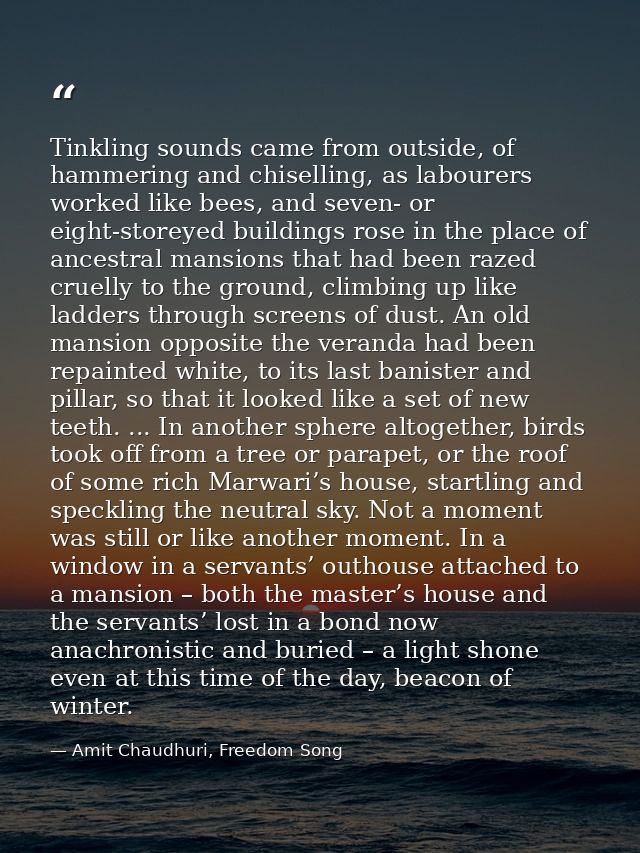 Tinkling sounds came from outside, of hammering and chiselling, as labourers worked like bees, and seven- or eight-store — Amit Chaudhuri, Freedom Song