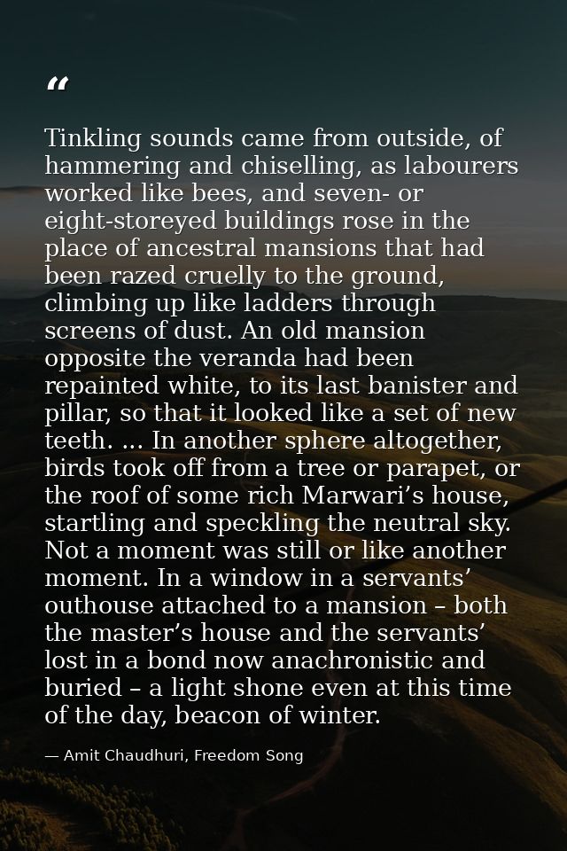 Tinkling sounds came from outside, of hammering and chiselling, as labourers worked like bees, and seven- or eight-store — Amit Chaudhuri, Freedom Song