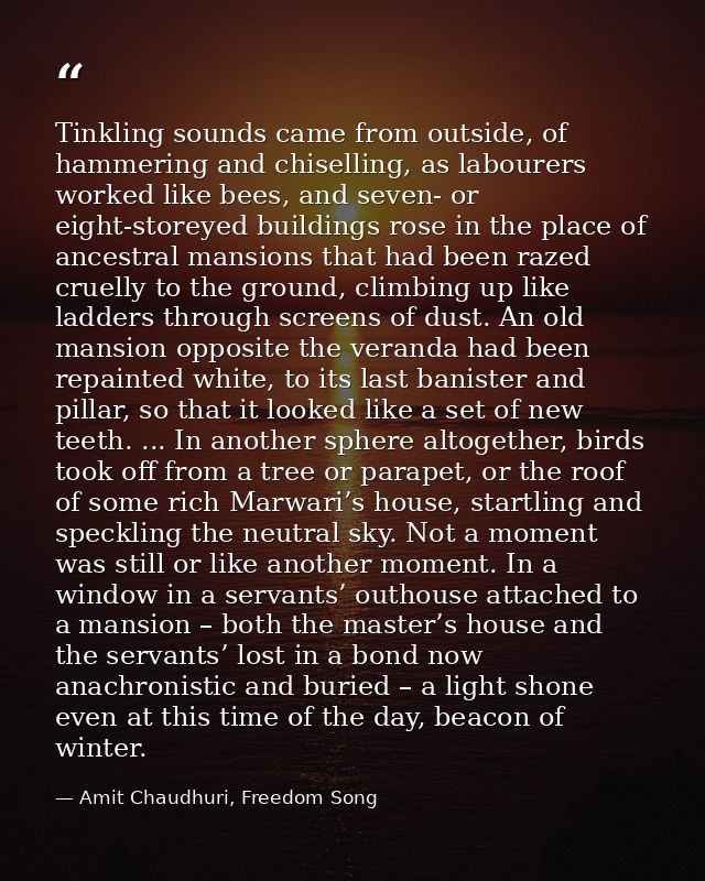 Tinkling sounds came from outside, of hammering and chiselling, as labourers worked like bees, and seven- or eight-store — Amit Chaudhuri, Freedom Song