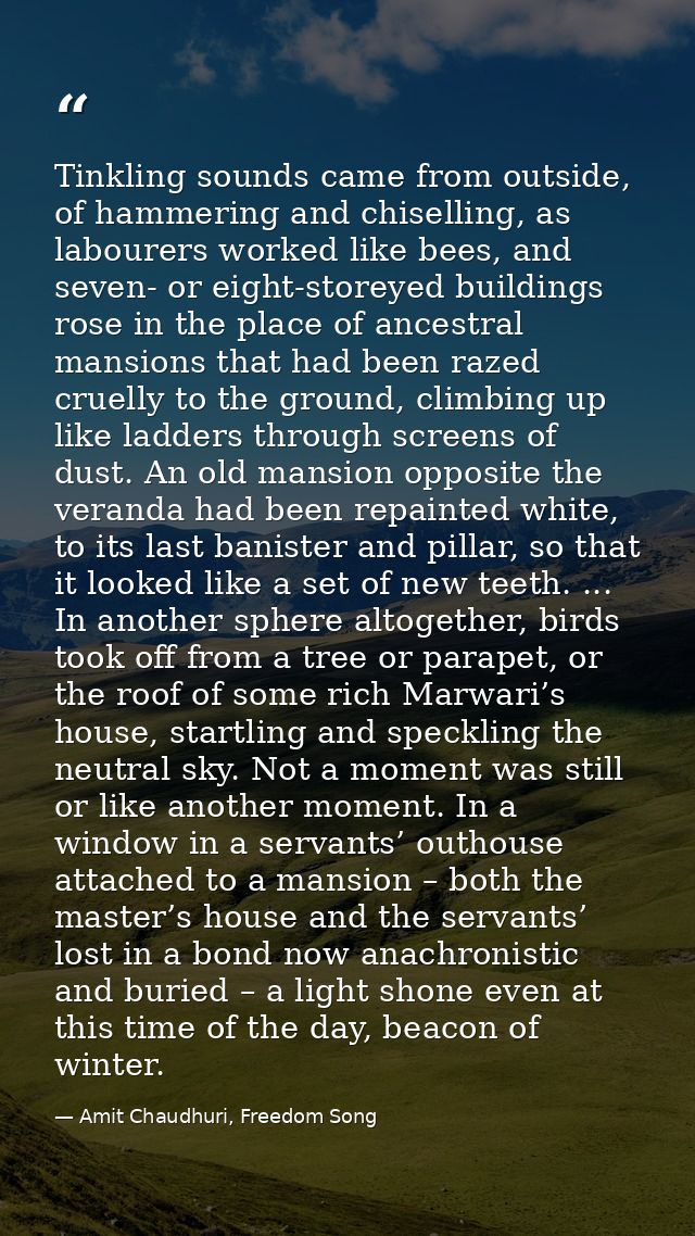 Tinkling sounds came from outside, of hammering and chiselling, as labourers worked like bees, and seven- or eight-store — Amit Chaudhuri, Freedom Song