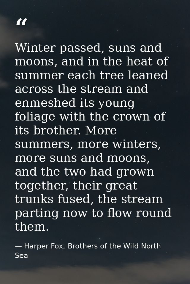 Winter passed, suns and moons, and in the heat of summer each tree leaned across the stream and enmeshed its young folia — Harper Fox, Brothers of the Wild North Sea