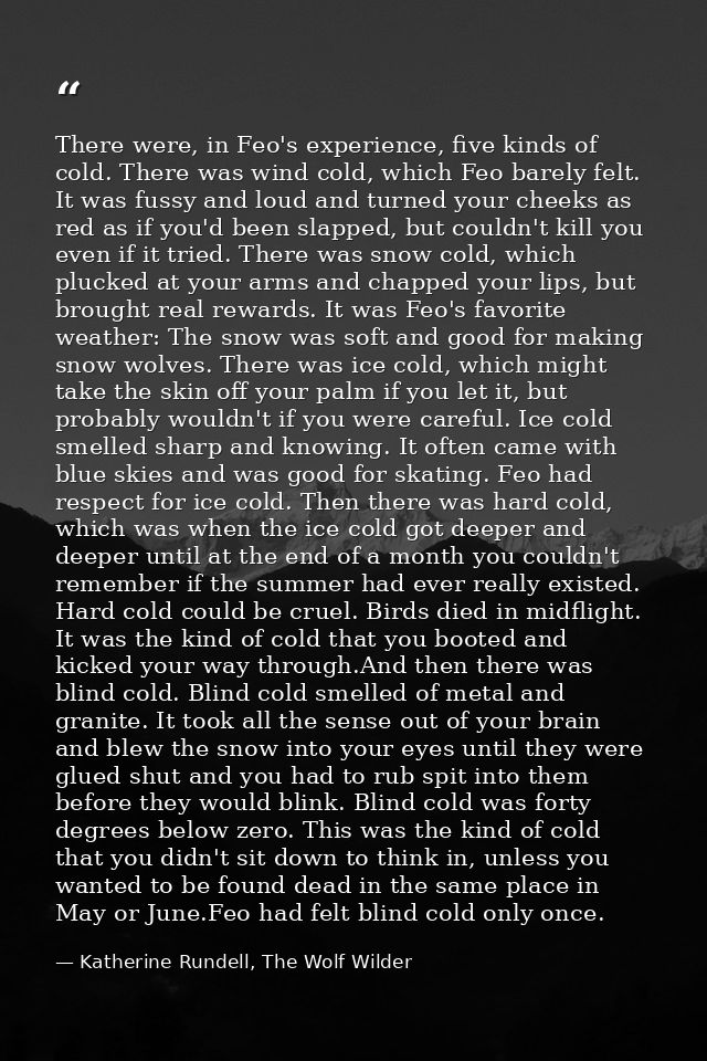 There were, in Feo's experience, five kinds of cold. There was wind cold, which Feo barely felt. It was fussy and loud a — Katherine Rundell, The Wolf Wilder