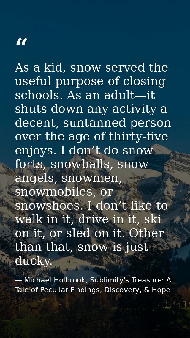 As a kid, snow served the useful purpose of closing schools. As an adult—it shuts down any activity a decent, suntanned  — Michael Holbrook, Sublimity's Treasure: A Tale of Peculiar Findings, Discovery, & Hope