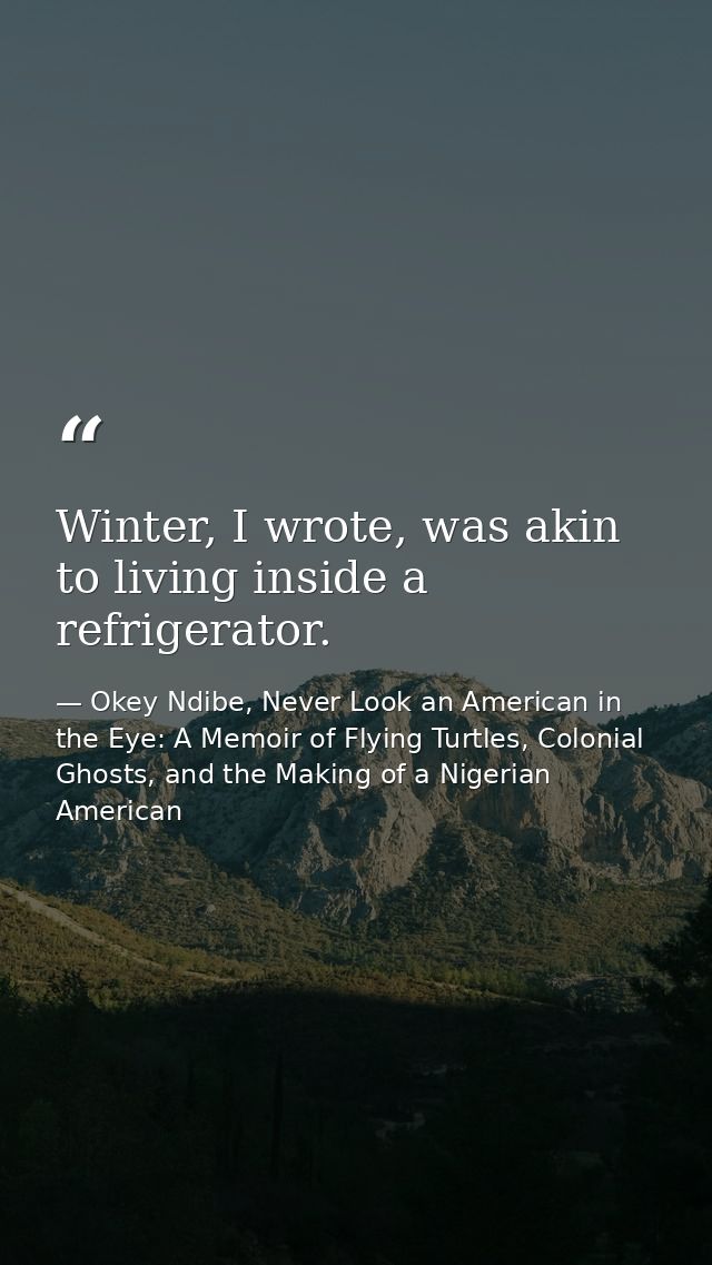 Winter, I wrote, was akin to living inside a refrigerator. — Okey Ndibe, Never Look an American in the Eye: A Memoir of Flying Turtles, Colonial Ghosts, and the Making of a Nigerian American