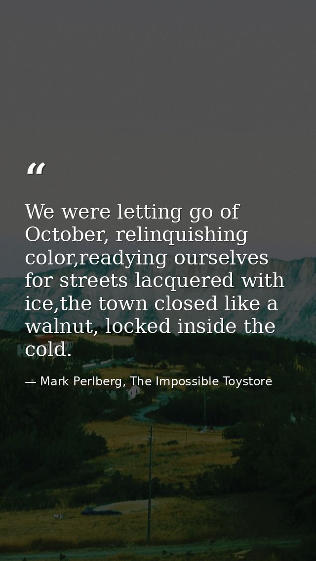 We were letting go of October, relinquishing color,readying ourselves for streets lacquered with ice,the town closed lik — Mark Perlberg, The Impossible Toystore