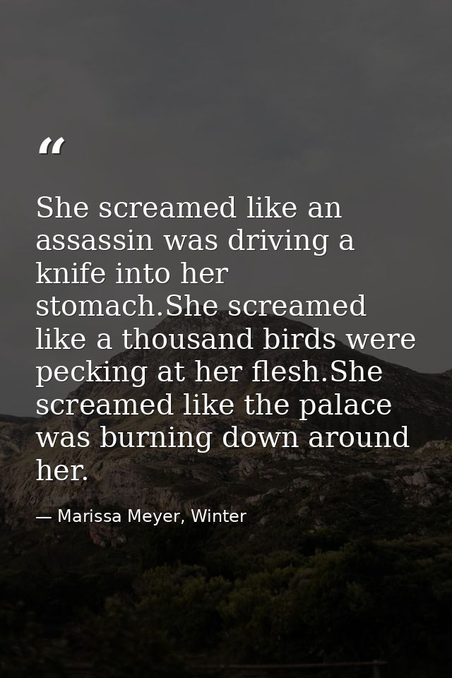 She screamed like an assassin was driving a knife into her stomach.She screamed like a thousand birds were pecking at he — Marissa Meyer, Winter
