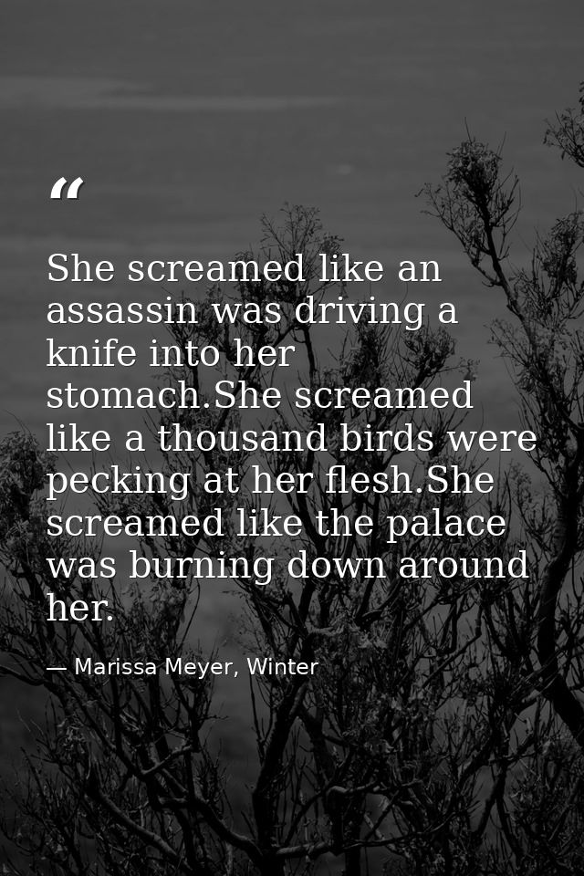 She screamed like an assassin was driving a knife into her stomach.She screamed like a thousand birds were pecking at he — Marissa Meyer, Winter