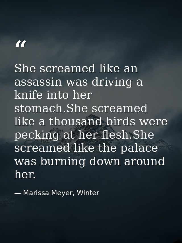 She screamed like an assassin was driving a knife into her stomach.She screamed like a thousand birds were pecking at he — Marissa Meyer, Winter