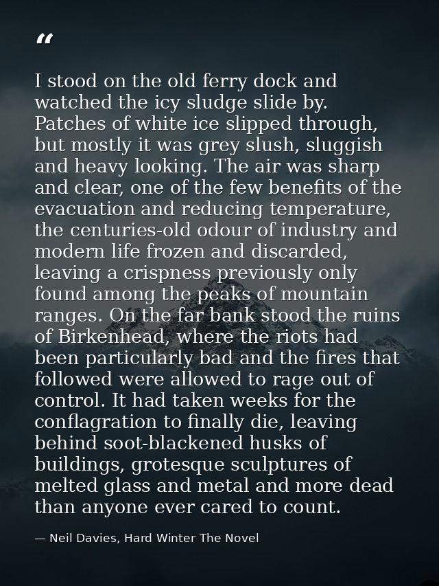 I stood on the old ferry dock and watched the icy sludge slide by. Patches of white ice slipped through, but mostly it w — Neil Davies, Hard Winter The Novel