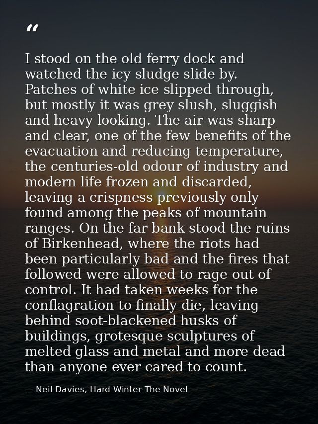 I stood on the old ferry dock and watched the icy sludge slide by. Patches of white ice slipped through, but mostly it w — Neil Davies, Hard Winter The Novel
