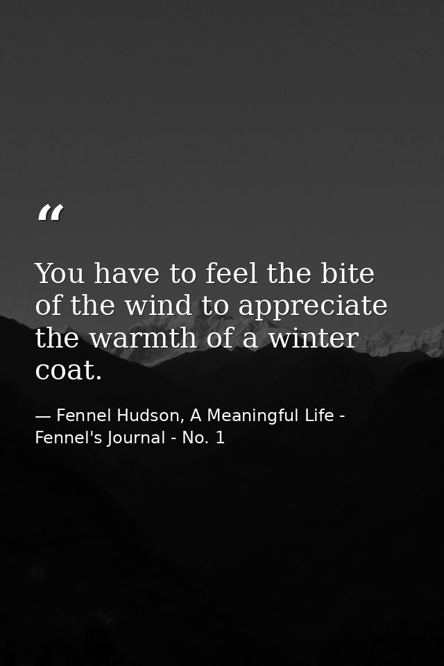 You have to feel the bite of the wind to appreciate the warmth of a winter coat. — Fennel Hudson, A Meaningful Life - Fennel's Journal - No. 1