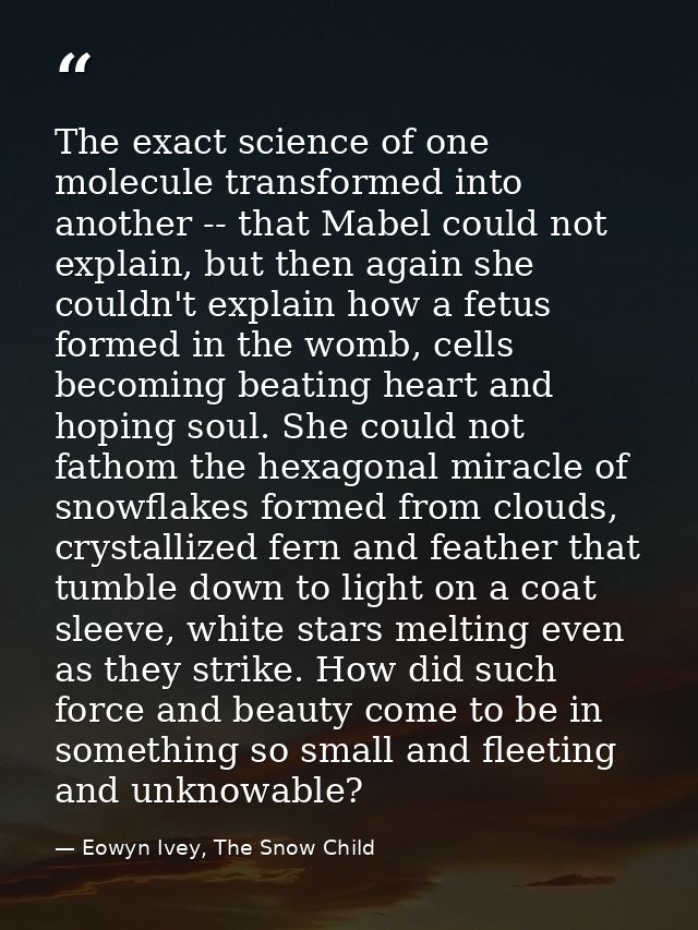 The exact science of one molecule transformed into another -- that Mabel could not explain, but then again she couldn't  — Eowyn Ivey, The Snow Child