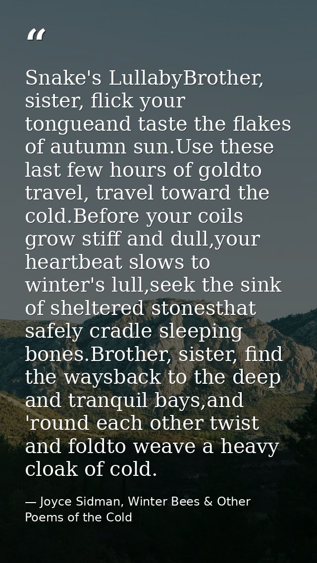 Snake's LullabyBrother, sister, flick your tongueand taste the flakes of autumn sun.Use these last few hours of goldto t — Joyce Sidman, Winter Bees & Other Poems of the Cold