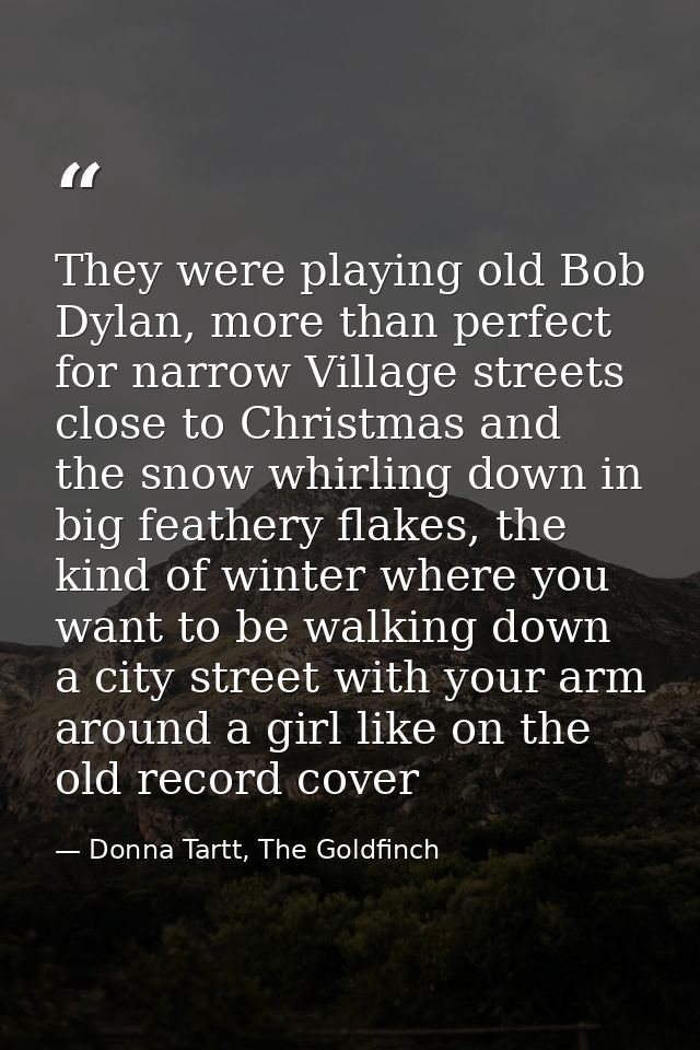 They were playing old Bob Dylan, more than perfect for narrow Village streets close to Christmas and the snow whirling d — Donna Tartt, The Goldfinch