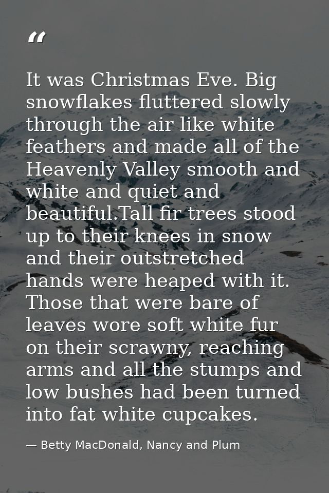 It was Christmas Eve. Big snowflakes fluttered slowly through the air like white feathers and made all of the Heavenly V — Betty MacDonald, Nancy and Plum