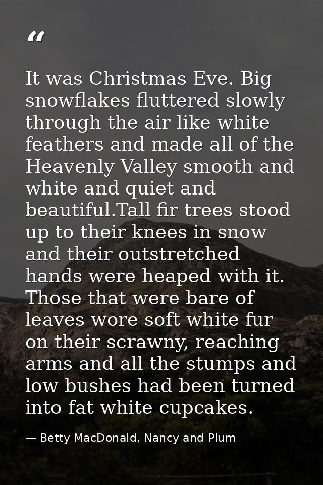 It was Christmas Eve. Big snowflakes fluttered slowly through the air like white feathers and made all of the Heavenly V — Betty MacDonald, Nancy and Plum