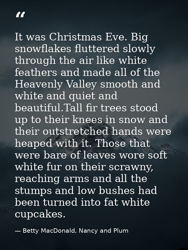 It was Christmas Eve. Big snowflakes fluttered slowly through the air like white feathers and made all of the Heavenly V — Betty MacDonald, Nancy and Plum