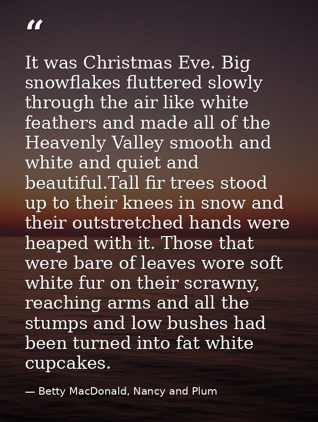 It was Christmas Eve. Big snowflakes fluttered slowly through the air like white feathers and made all of the Heavenly V — Betty MacDonald, Nancy and Plum