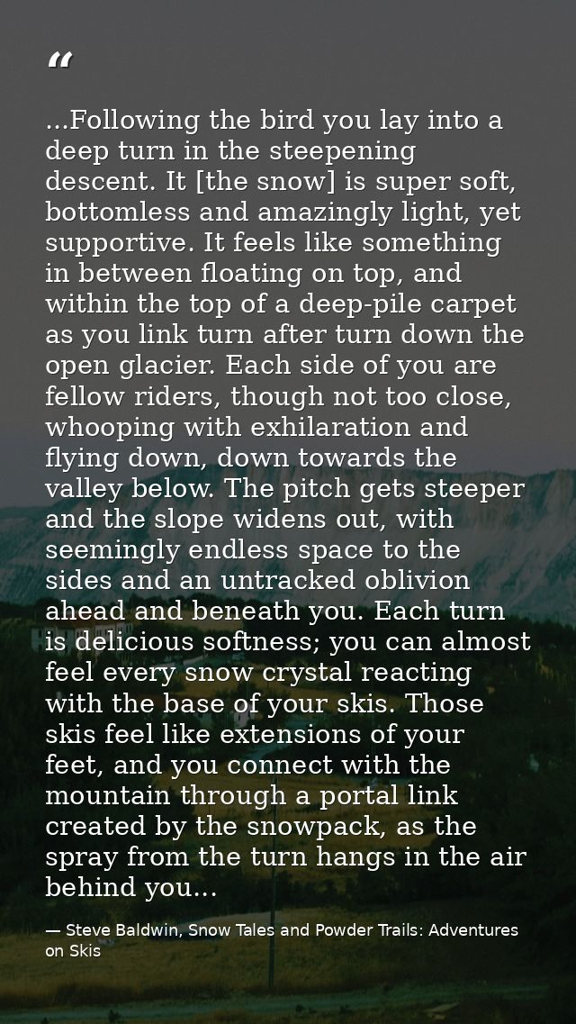 ...Following the bird you lay into a deep turn in the steepening descent. It [the snow] is super soft, bottomless and am — Steve Baldwin, Snow Tales and Powder Trails: Adventures on Skis