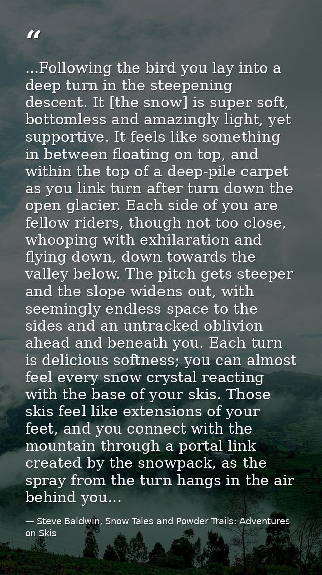 ...Following the bird you lay into a deep turn in the steepening descent. It [the snow] is super soft, bottomless and am — Steve Baldwin, Snow Tales and Powder Trails: Adventures on Skis