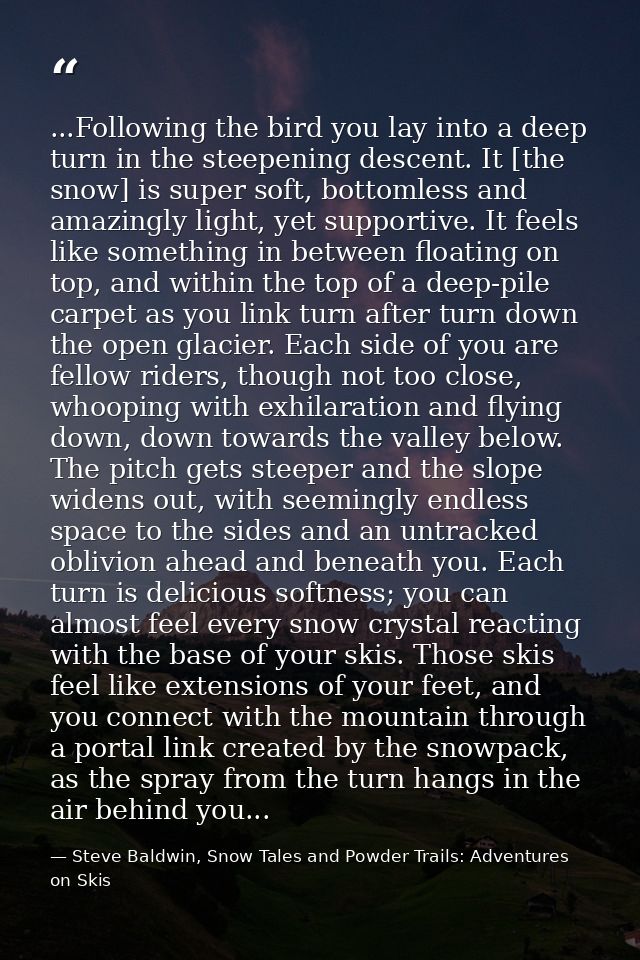 ...Following the bird you lay into a deep turn in the steepening descent. It [the snow] is super soft, bottomless and am — Steve Baldwin, Snow Tales and Powder Trails: Adventures on Skis