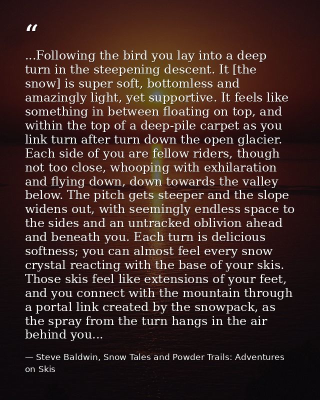 ...Following the bird you lay into a deep turn in the steepening descent. It [the snow] is super soft, bottomless and am — Steve Baldwin, Snow Tales and Powder Trails: Adventures on Skis