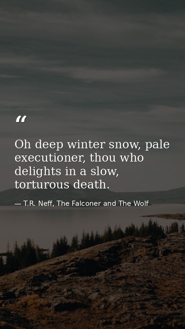 Oh deep winter snow, pale executioner, thou who delights in a slow, torturous death. — T.R. Neff, The Falconer and The Wolf