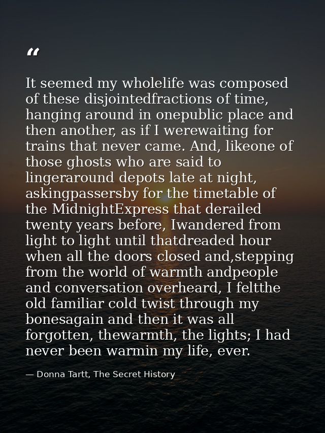 It seemed my wholelife was composed of these disjointedfractions of time, hanging around in onepublic place and then ano — Donna Tartt, The Secret History