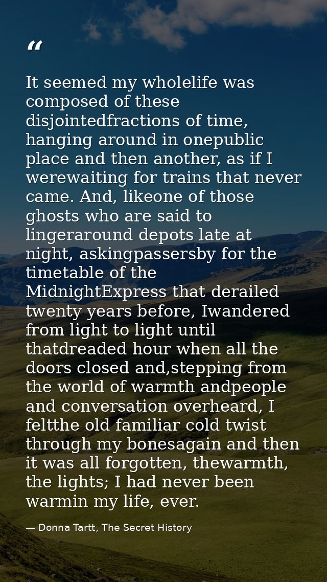 It seemed my wholelife was composed of these disjointedfractions of time, hanging around in onepublic place and then ano — Donna Tartt, The Secret History