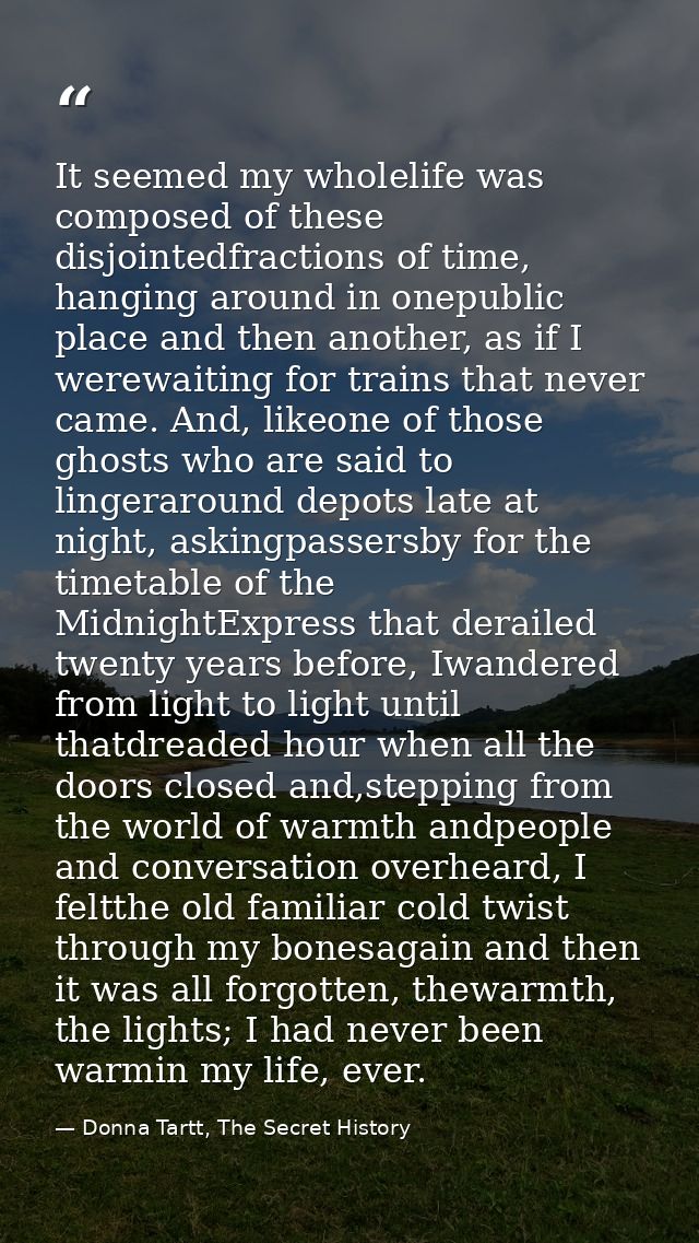 It seemed my wholelife was composed of these disjointedfractions of time, hanging around in onepublic place and then ano — Donna Tartt, The Secret History