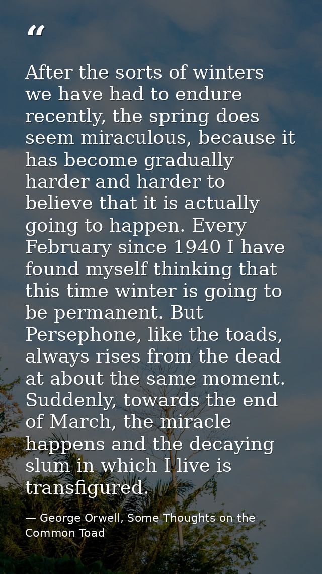 After the sorts of winters we have had to endure recently, the spring does seem miraculous, because it has become gradua — George Orwell, Some Thoughts on the Common Toad