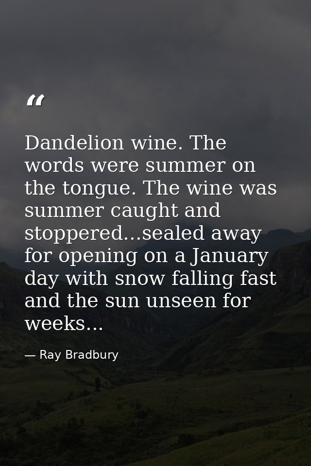 Dandelion wine. The words were summer on the tongue. The wine was summer caught and stoppered...sealed away for opening  — Ray Bradbury