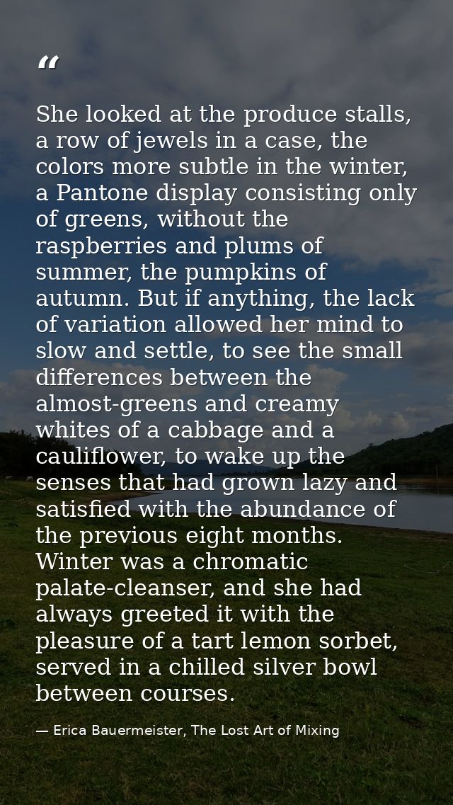 She looked at the produce stalls, a row of jewels in a case, the colors more subtle in the winter, a Pantone display con — Erica Bauermeister, The Lost Art of Mixing