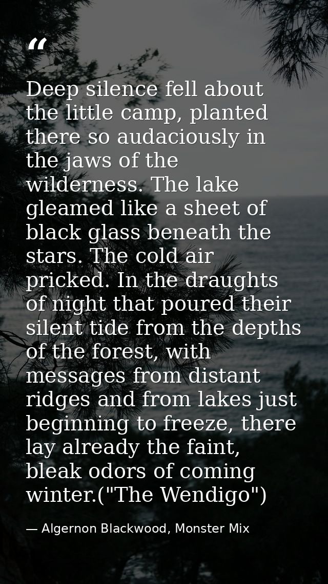 Deep silence fell about the little camp, planted there so audaciously in the jaws of the wilderness. The lake gleamed li — Algernon Blackwood, Monster Mix