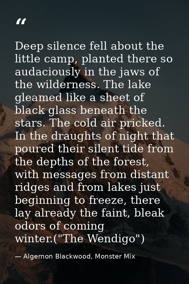 Deep silence fell about the little camp, planted there so audaciously in the jaws of the wilderness. The lake gleamed li — Algernon Blackwood, Monster Mix