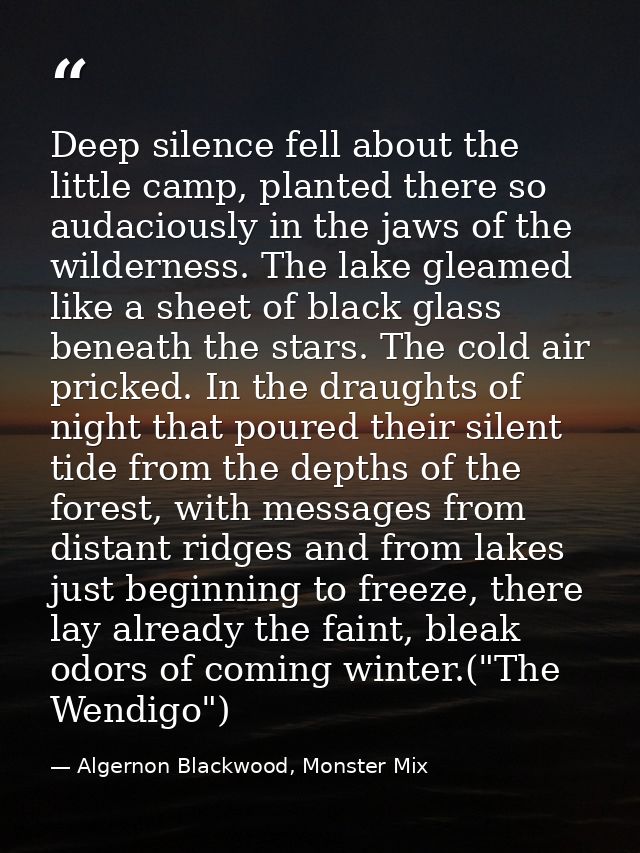 Deep silence fell about the little camp, planted there so audaciously in the jaws of the wilderness. The lake gleamed li — Algernon Blackwood, Monster Mix