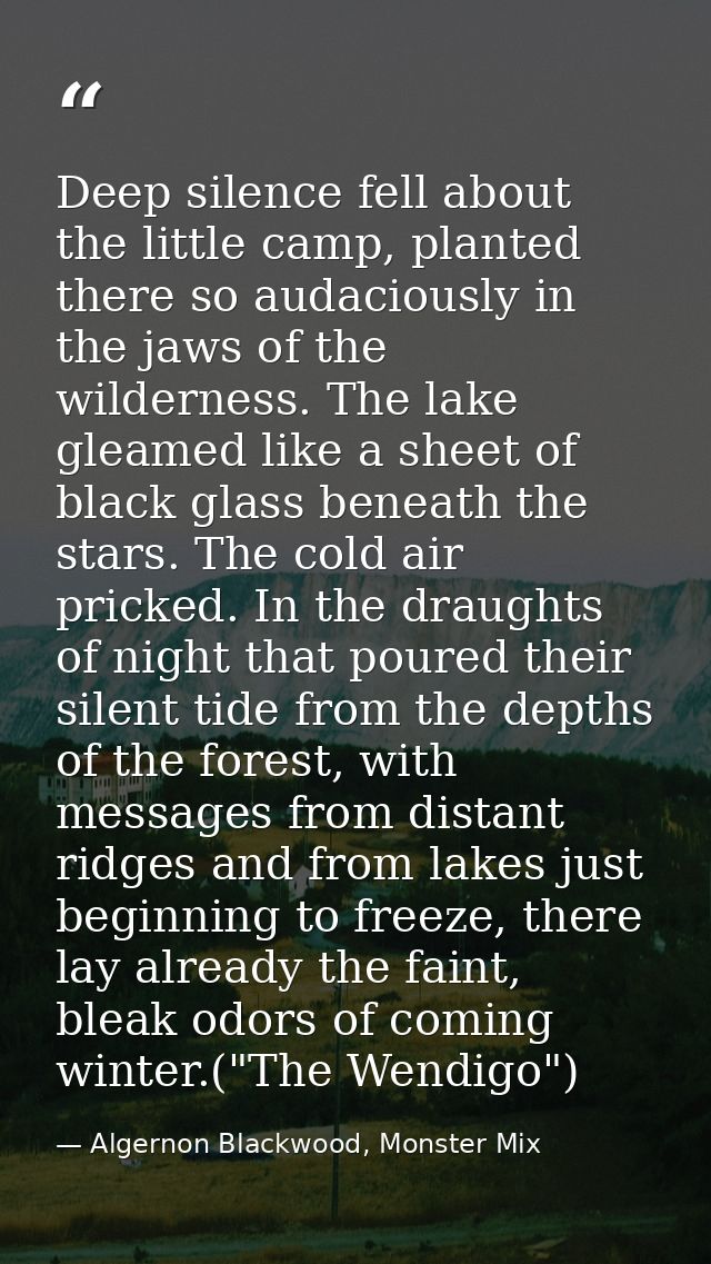Deep silence fell about the little camp, planted there so audaciously in the jaws of the wilderness. The lake gleamed li — Algernon Blackwood, Monster Mix