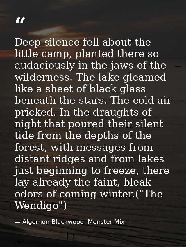 Deep silence fell about the little camp, planted there so audaciously in the jaws of the wilderness. The lake gleamed li — Algernon Blackwood, Monster Mix