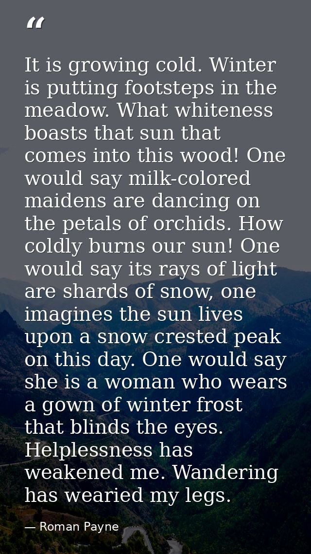 It is growing cold. Winter is putting footsteps in the meadow. What whiteness boasts that sun that comes into this wood! — Roman Payne
