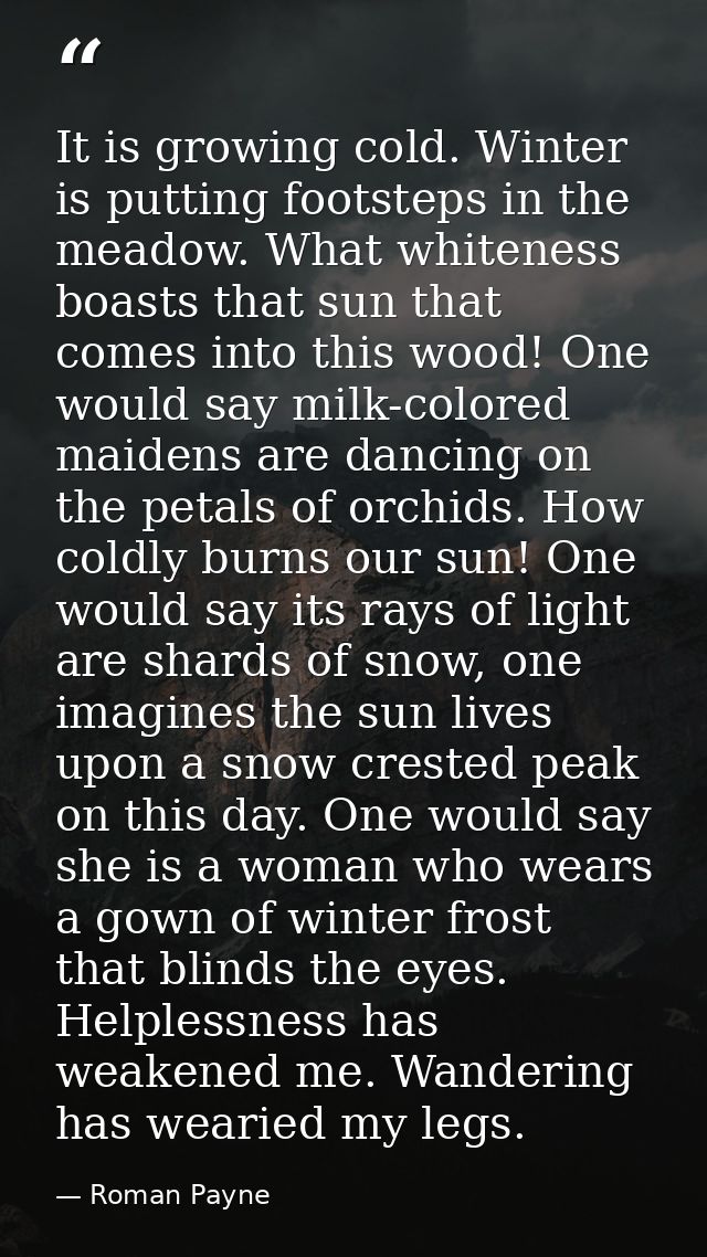 It is growing cold. Winter is putting footsteps in the meadow. What whiteness boasts that sun that comes into this wood! — Roman Payne