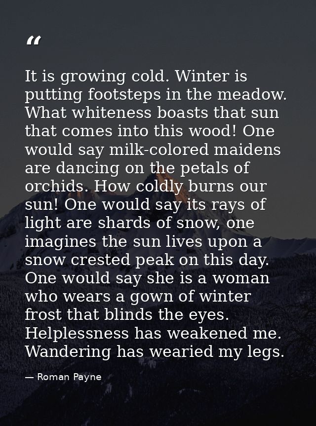 It is growing cold. Winter is putting footsteps in the meadow. What whiteness boasts that sun that comes into this wood! — Roman Payne