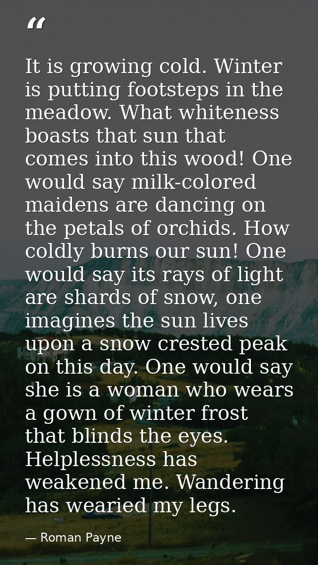 It is growing cold. Winter is putting footsteps in the meadow. What whiteness boasts that sun that comes into this wood! — Roman Payne