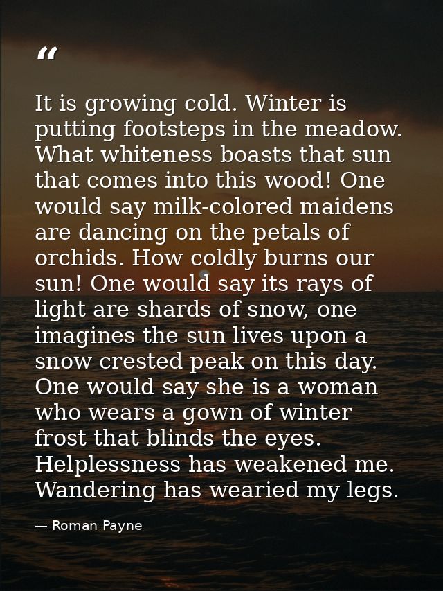 It is growing cold. Winter is putting footsteps in the meadow. What whiteness boasts that sun that comes into this wood! — Roman Payne