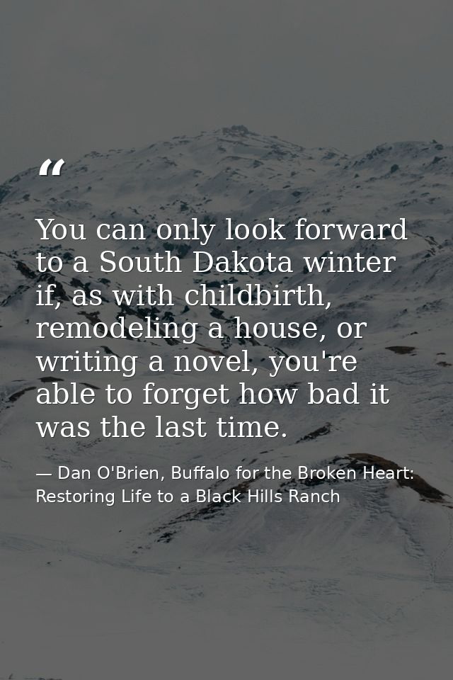 You can only look forward to a South Dakota winter if, as with childbirth, remodeling a house, or writing a novel, you'r — Dan O'Brien, Buffalo for the Broken Heart: Restoring Life to a Black Hills Ranch
